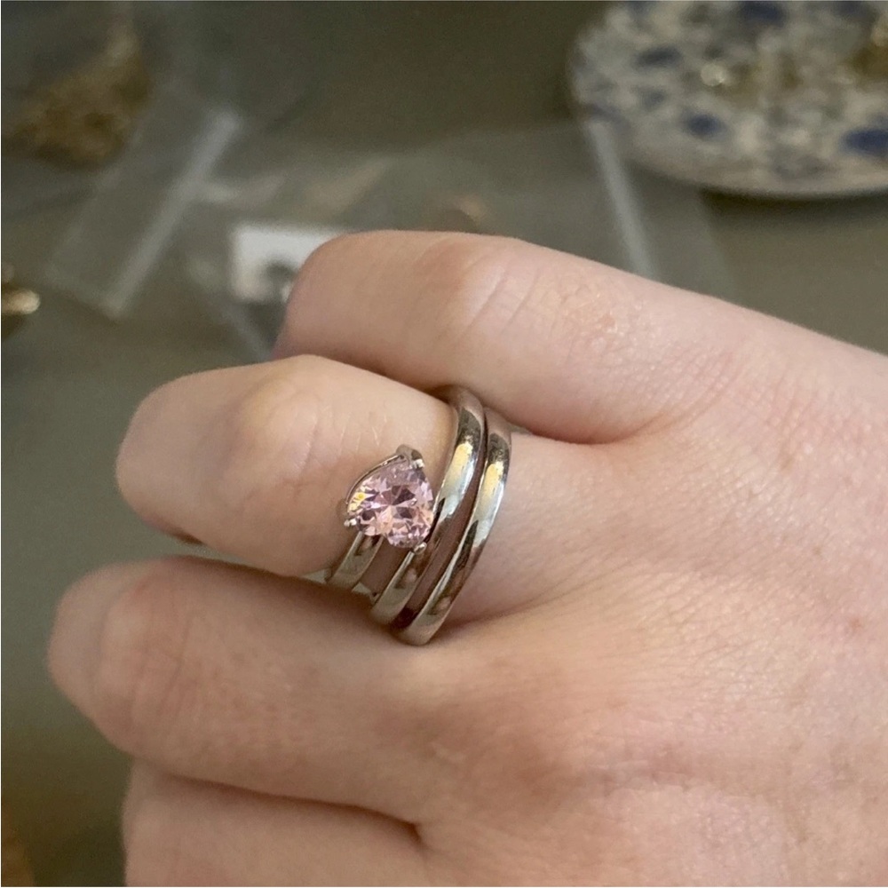 2 Piece White Gold Plated Pink Heart CZ Ring Set | Romantic Boho | Adjustable - Picture 7 of 14